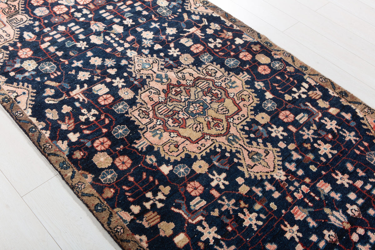 Antique Deep Navy Blue & Pink Geometric Area Rug – 8' 0" x 3' 11" (245 x 120 cm)