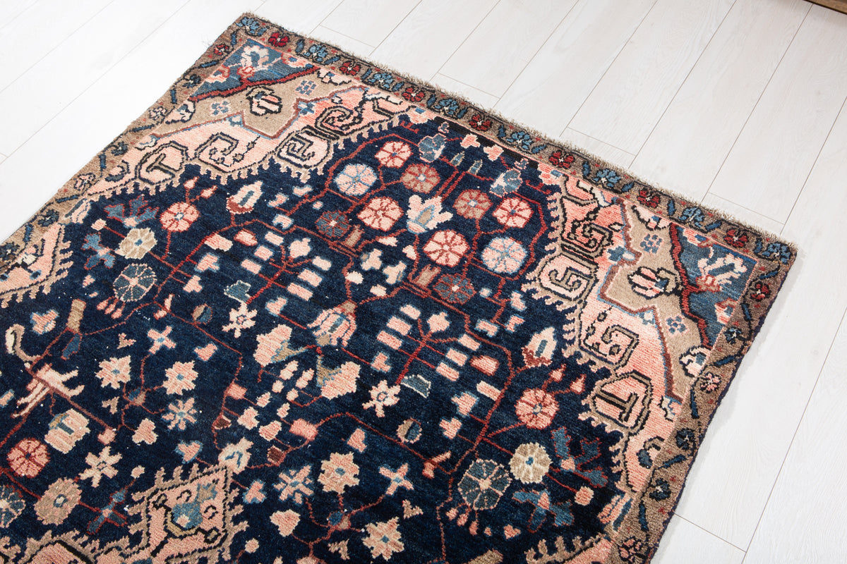 Antique Deep Navy Blue & Pink Geometric Area Rug – 8' 0" x 3' 11" (245 x 120 cm)