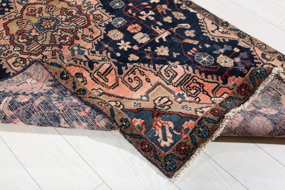Antique Deep Navy Blue & Pink Geometric Area Rug – 8' 0" x 3' 11" (245 x 120 cm)
