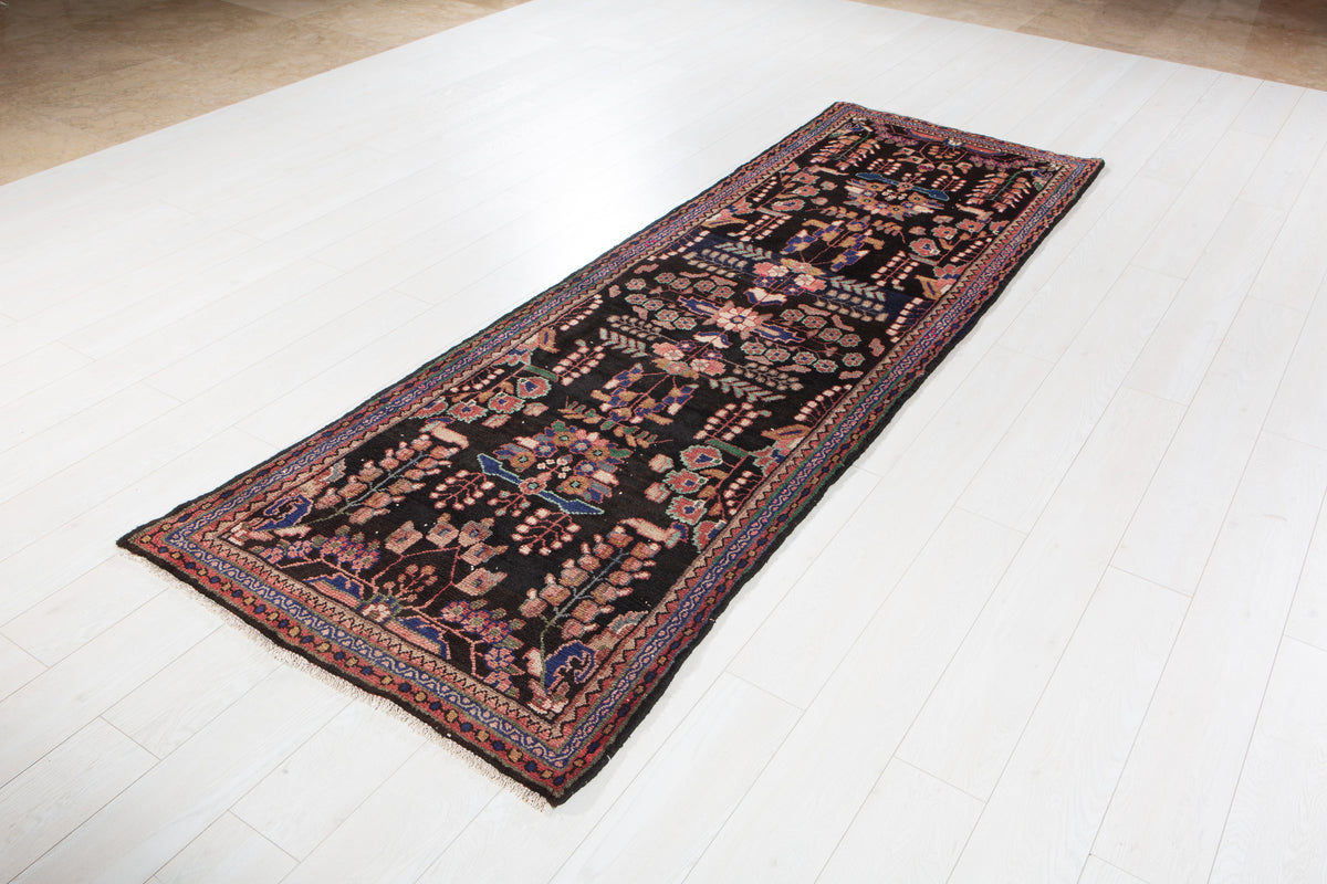 Antique Black & Pink & Blue Geometric Runner Rug – 9' 1" x 3' 0" (278 x 92 cm)