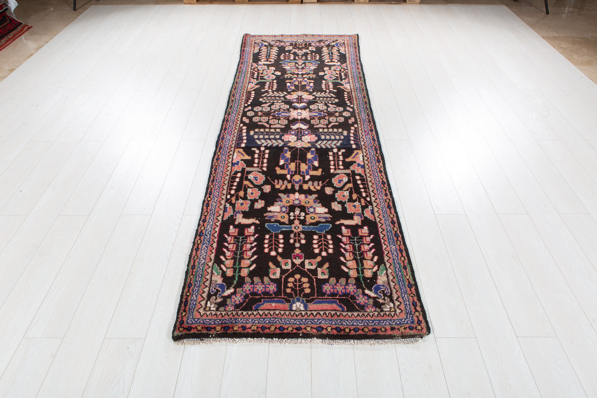 Antique Black & Pink & Blue Geometric Runner Rug – 9' 1" x 3' 0" (278 x 92 cm)