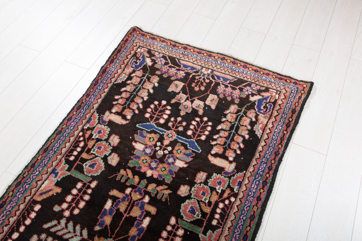 Antique Black & Pink & Blue Geometric Runner Rug – 9' 1" x 3' 0" (278 x 92 cm)