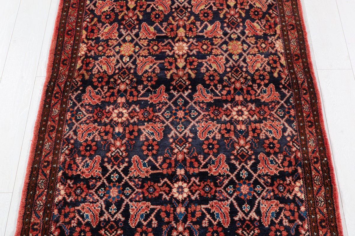 Antique Deep Navy Blue & Red Geometric Runner Rug – 9' 9" x 3' 7" (297 x 110 cm)