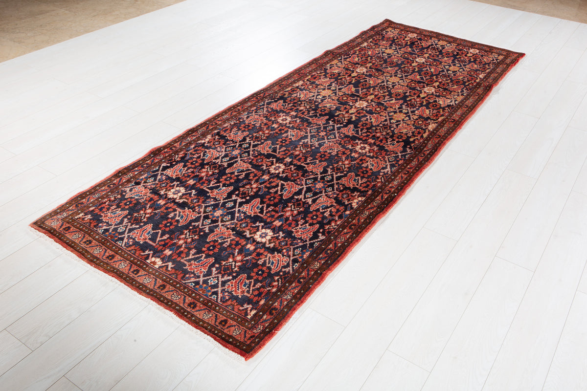 Antique Deep Navy Blue & Red Geometric Runner Rug – 9' 9" x 3' 7" (297 x 110 cm)