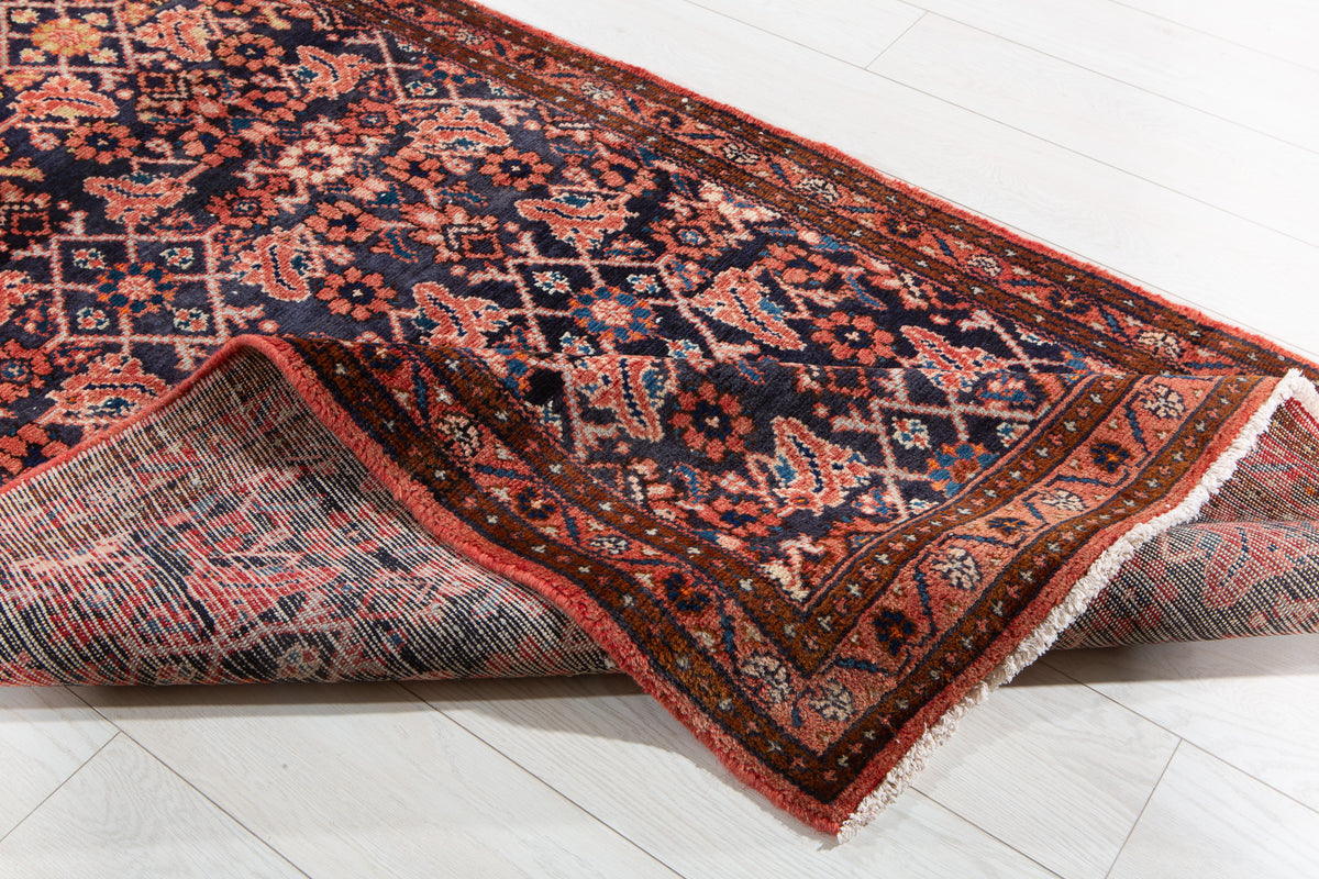 Antique Deep Navy Blue & Red Geometric Runner Rug – 9' 9" x 3' 7" (297 x 110 cm)