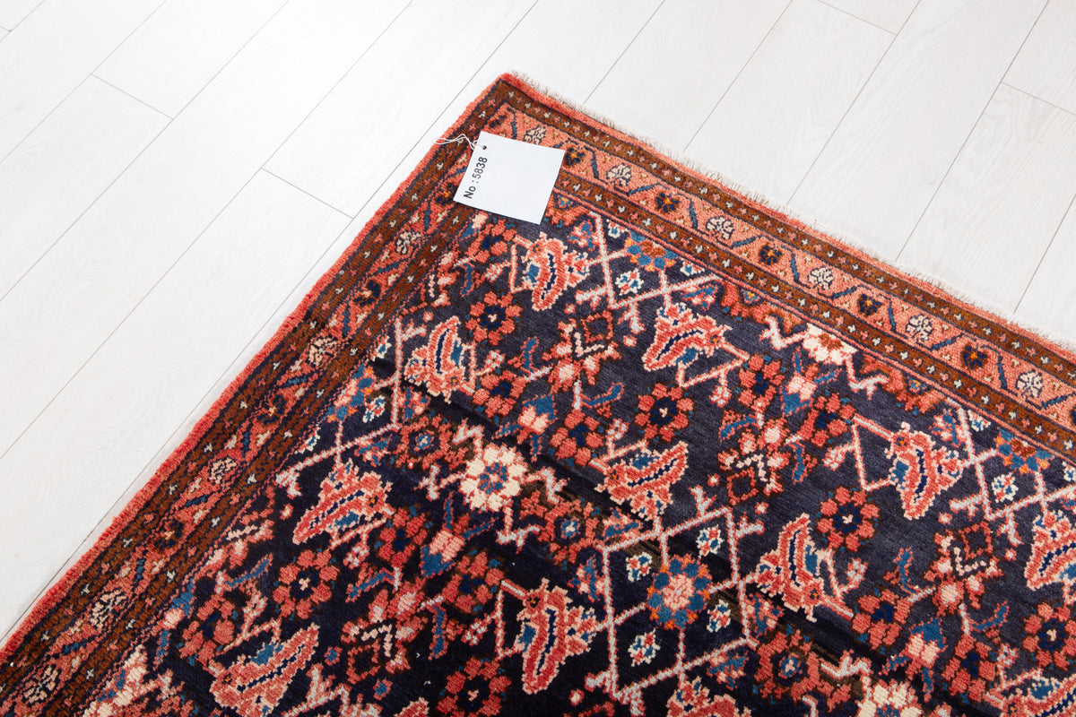 Antique Deep Navy Blue & Red Geometric Runner Rug – 9' 9" x 3' 7" (297 x 110 cm)