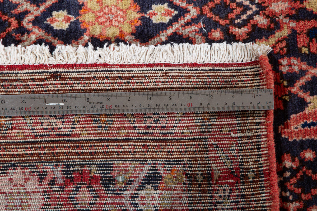 Antique Deep Navy Blue & Red Geometric Runner Rug – 9' 9" x 3' 7" (297 x 110 cm)