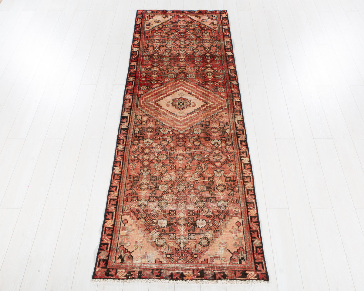 Antique Faded Rust Red Geometric Runner Rug – 9' 6" x 3' 3" (289 x 98 cm)
