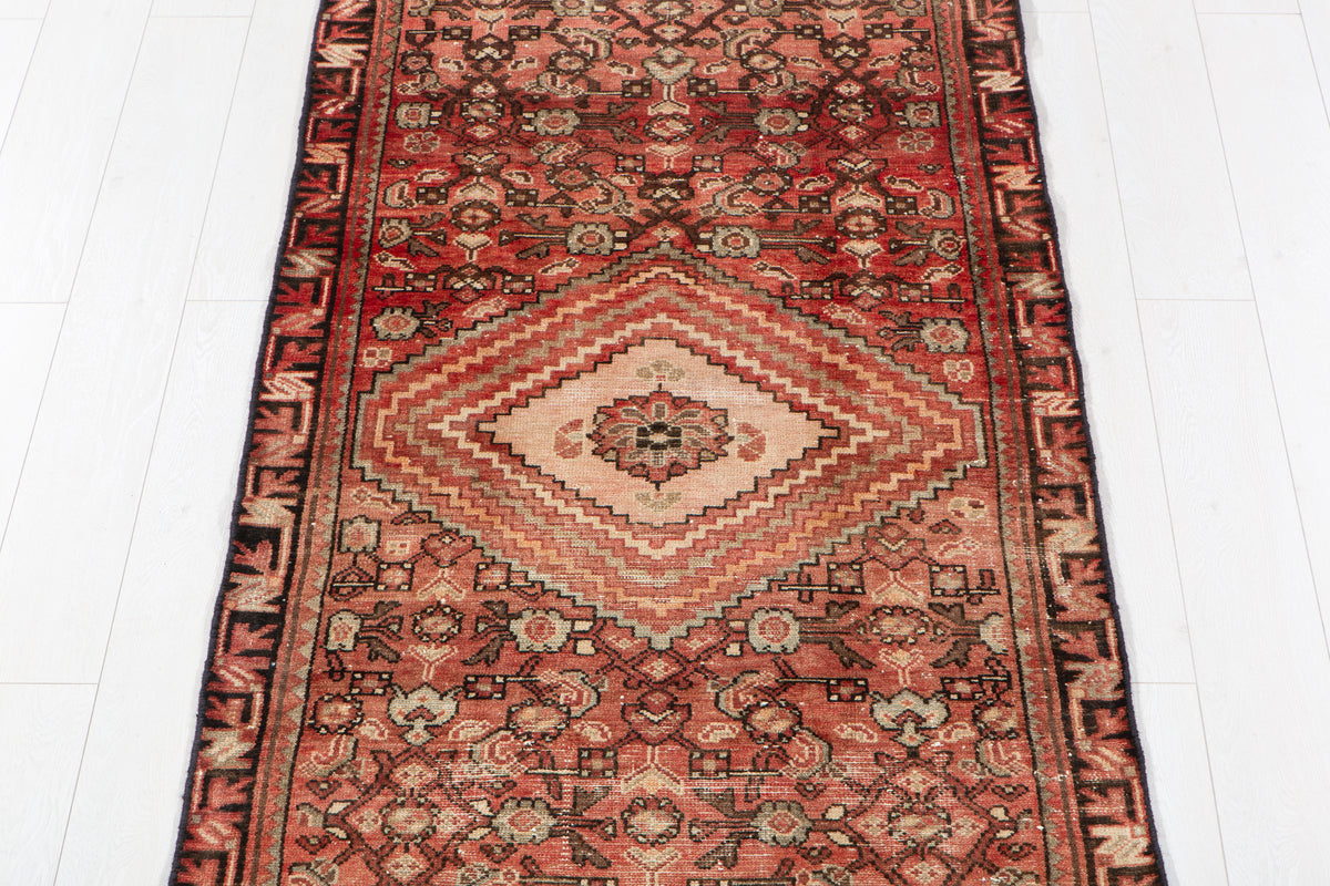Antique Faded Rust Red Geometric Runner Rug – 9' 6" x 3' 3" (289 x 98 cm)
