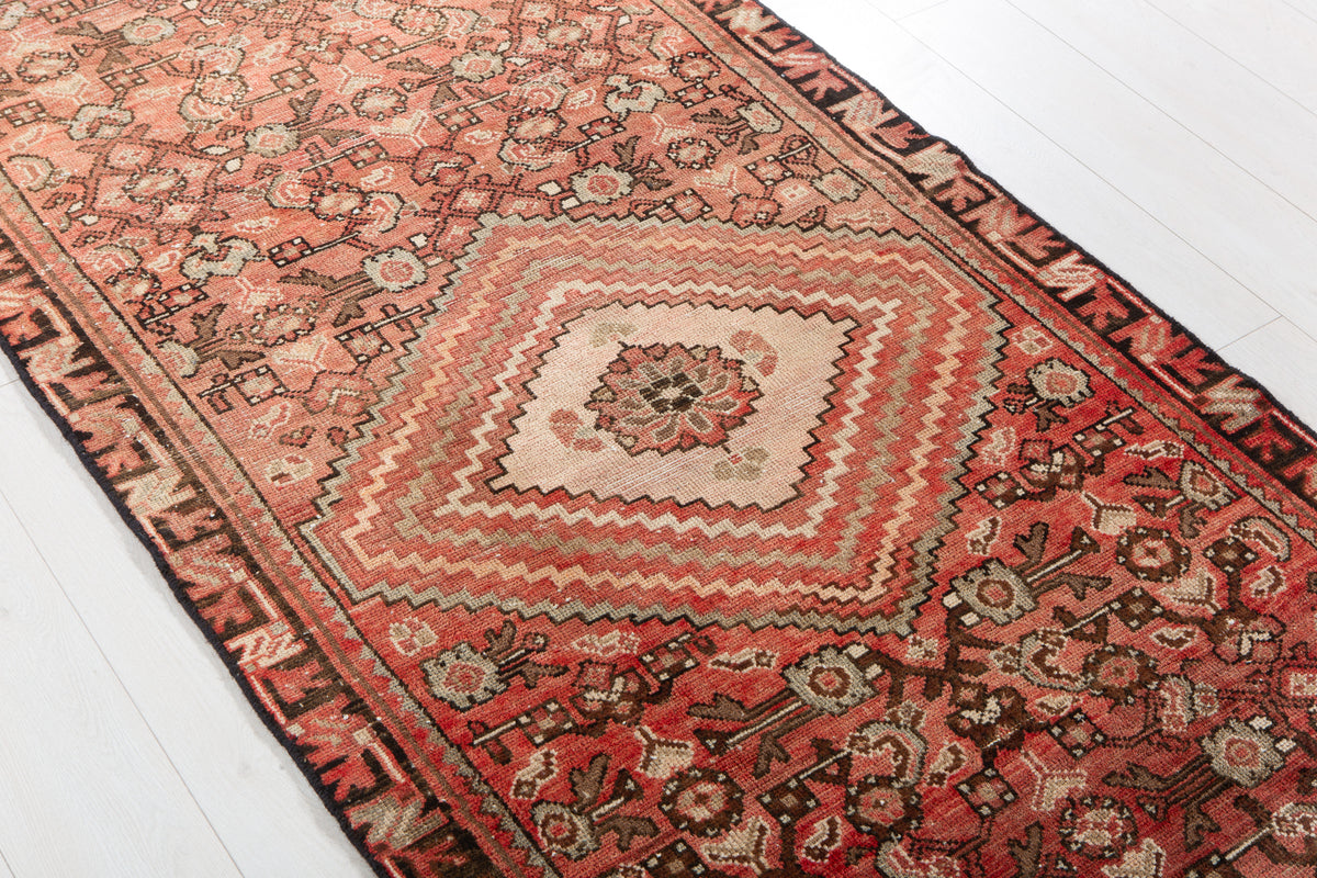 Antique Faded Rust Red Geometric Runner Rug – 9' 6" x 3' 3" (289 x 98 cm)