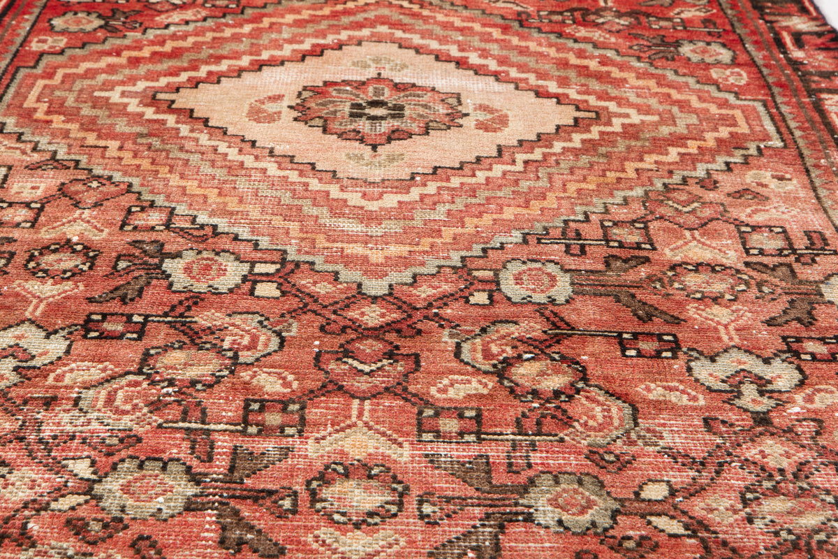 Antique Faded Rust Red Geometric Runner Rug – 9' 6" x 3' 3" (289 x 98 cm)