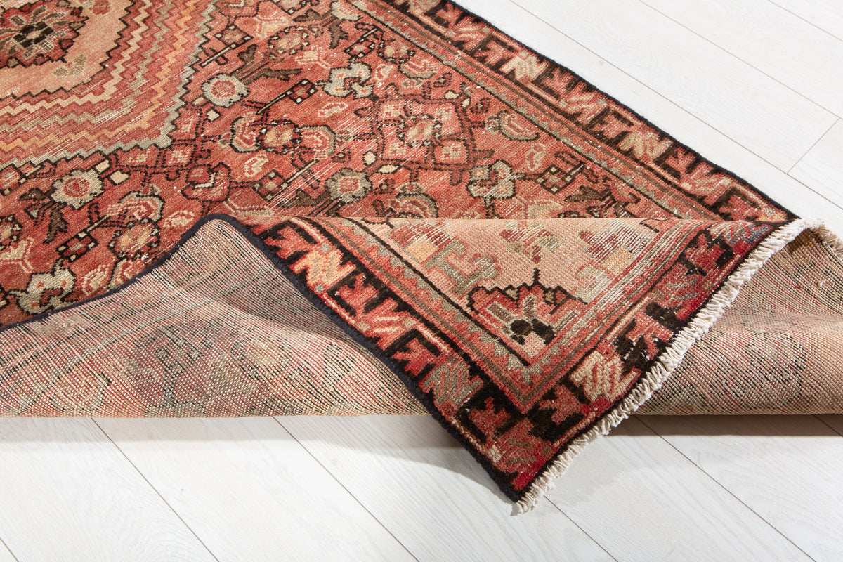 Antique Faded Rust Red Geometric Runner Rug – 9' 6" x 3' 3" (289 x 98 cm)