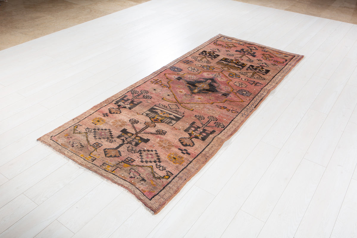 Collectible Antique Faded Peach Geometric Runner Rug – 8' 0" x 3' 4" (245 x 101 cm)