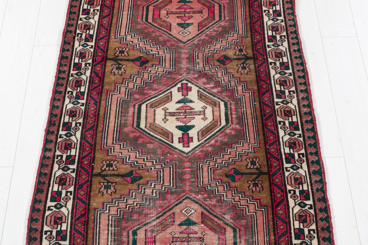 Antique Brown & Pink Geometric Runner Rug – 7' 9" x 3' 3" (237 x 98 cm)