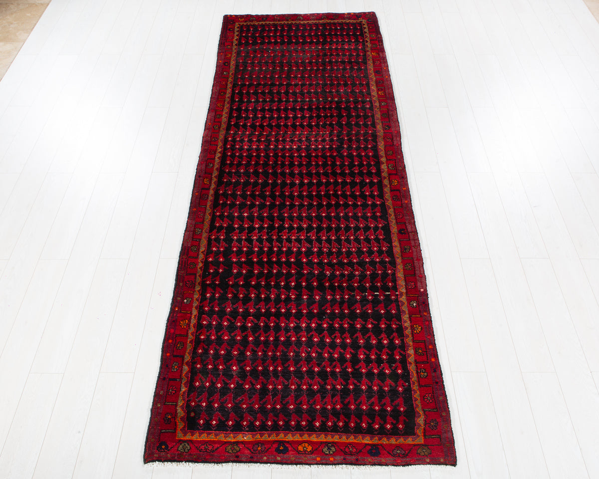 Antique Deep Navy Blue Near-Black Geometric Area Rug – 11' 0" x 3' 10" (335 x 116 cm)