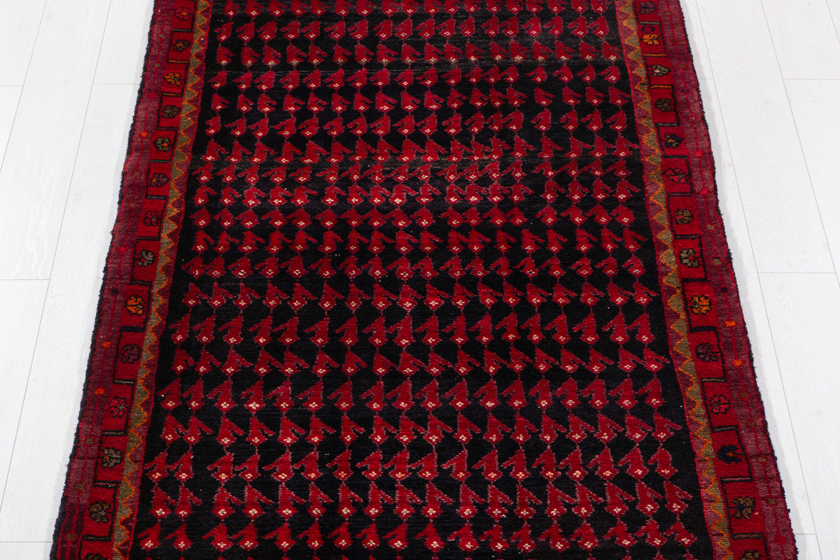 Antique Deep Navy Blue Near-Black Geometric Area Rug – 11' 0" x 3' 10" (335 x 116 cm)