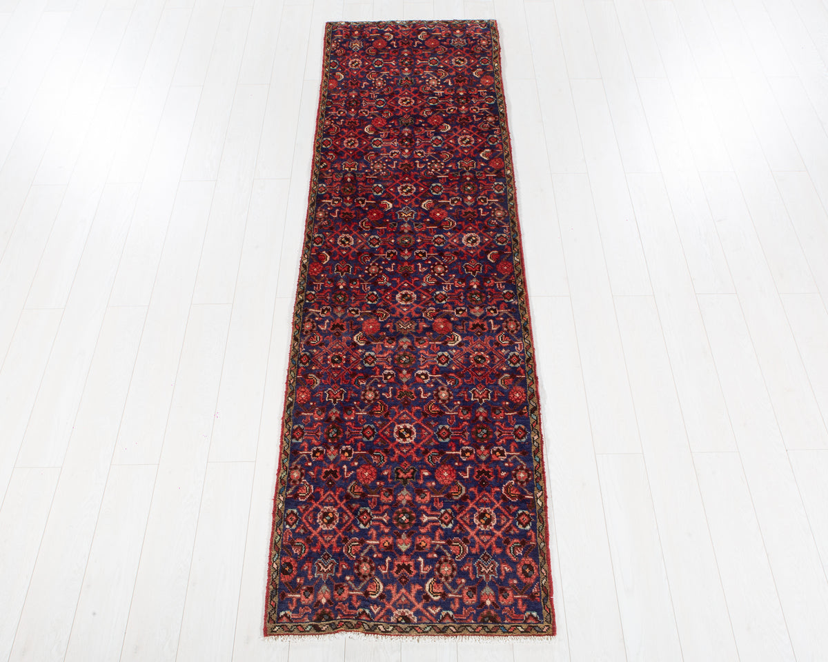 Antique Navy Blue Geometric Runner Rug – 9' 1" x 2' 7" (278 x 79 cm)