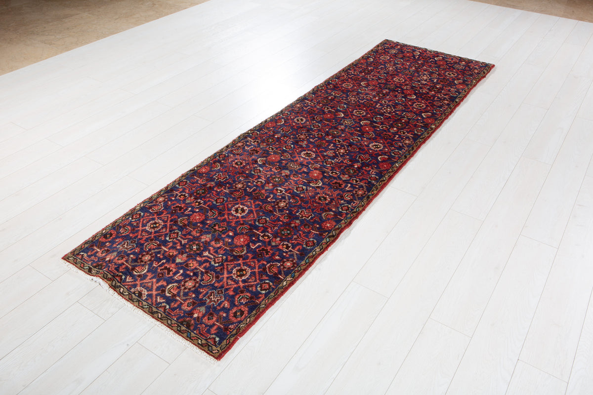 Antique Navy Blue Geometric Runner Rug – 9' 1" x 2' 7" (278 x 79 cm)