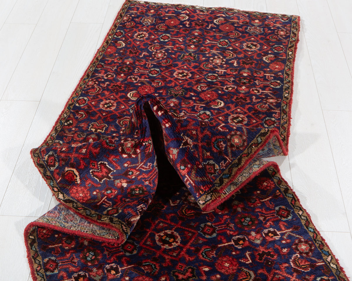 Antique Navy Blue Geometric Runner Rug – 9' 1" x 2' 7" (278 x 79 cm)