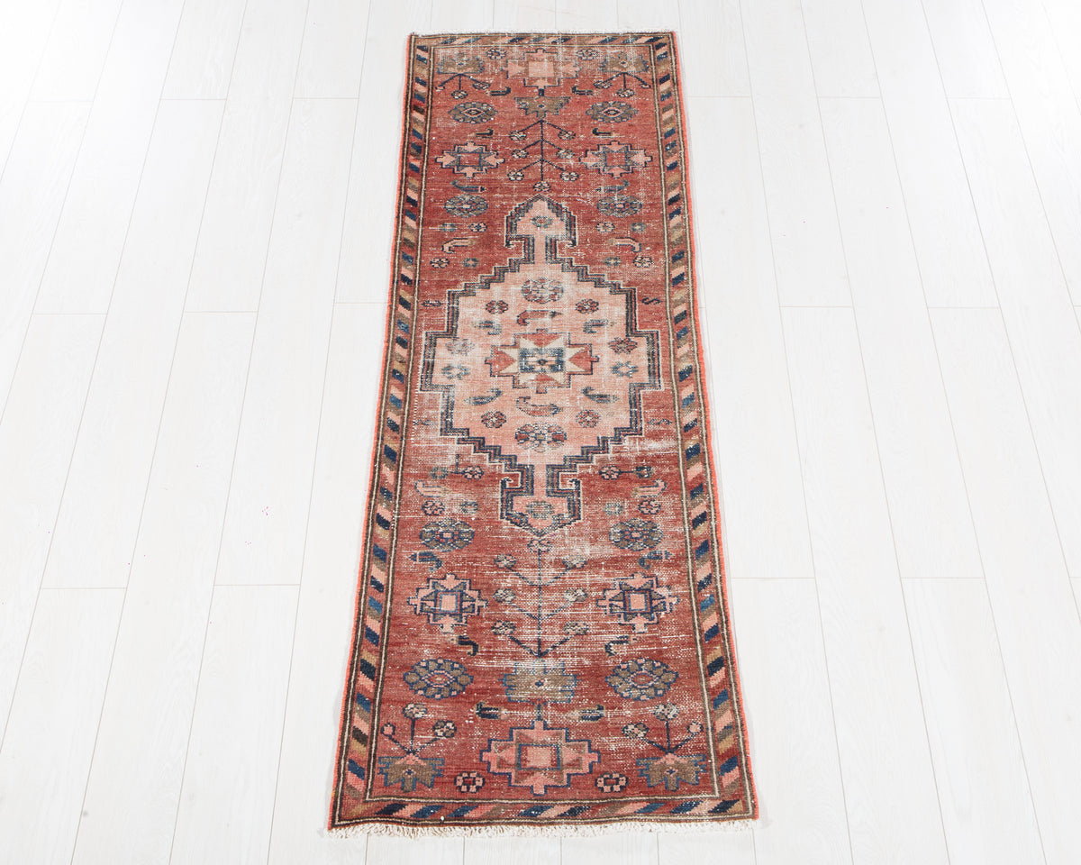 Antique Faded Red & Pink Geometric Runner Rug – 6' 1" x 2' 0" (185 x 61 cm)