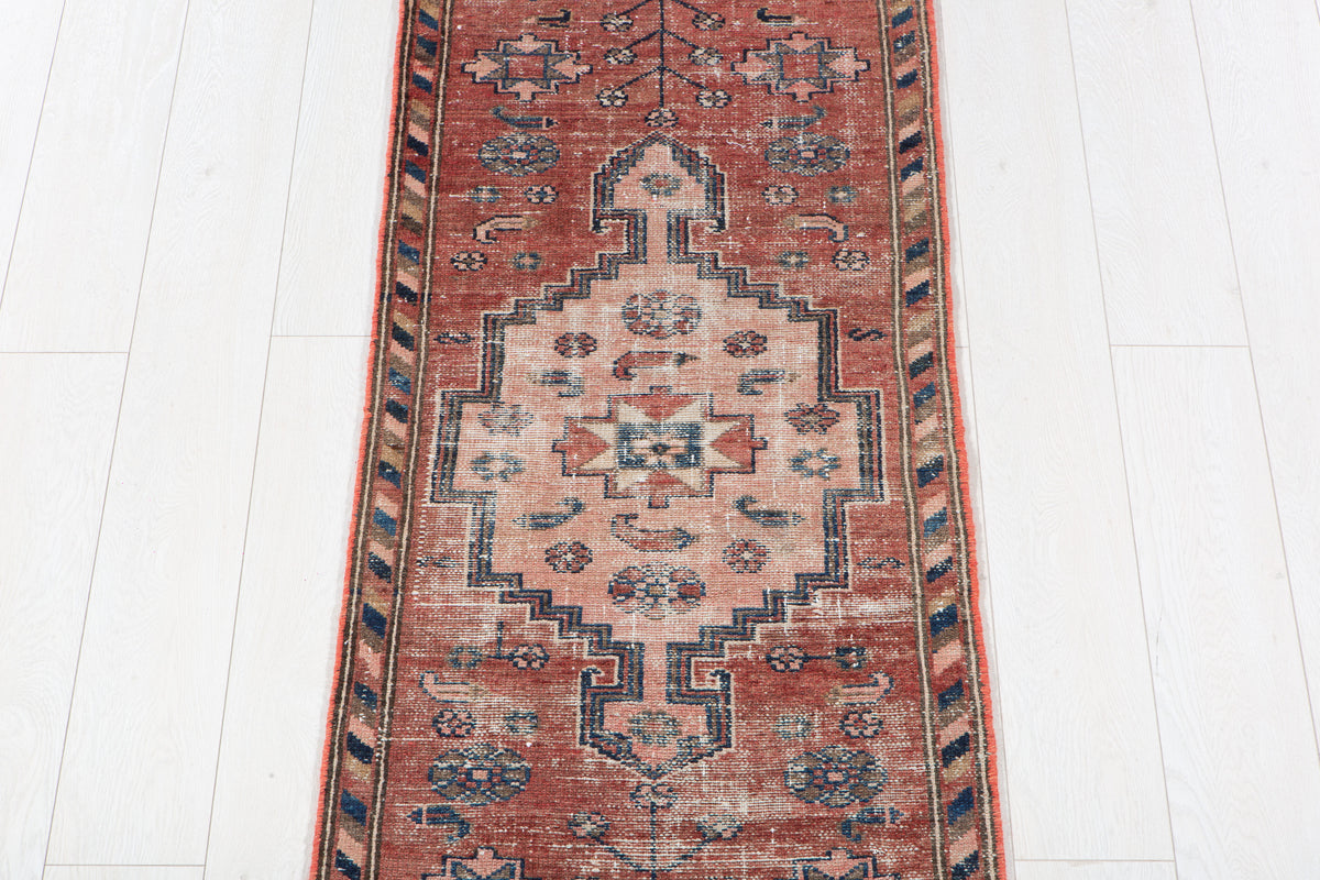 Antique Faded Red & Pink Geometric Runner Rug – 6' 1" x 2' 0" (185 x 61 cm)