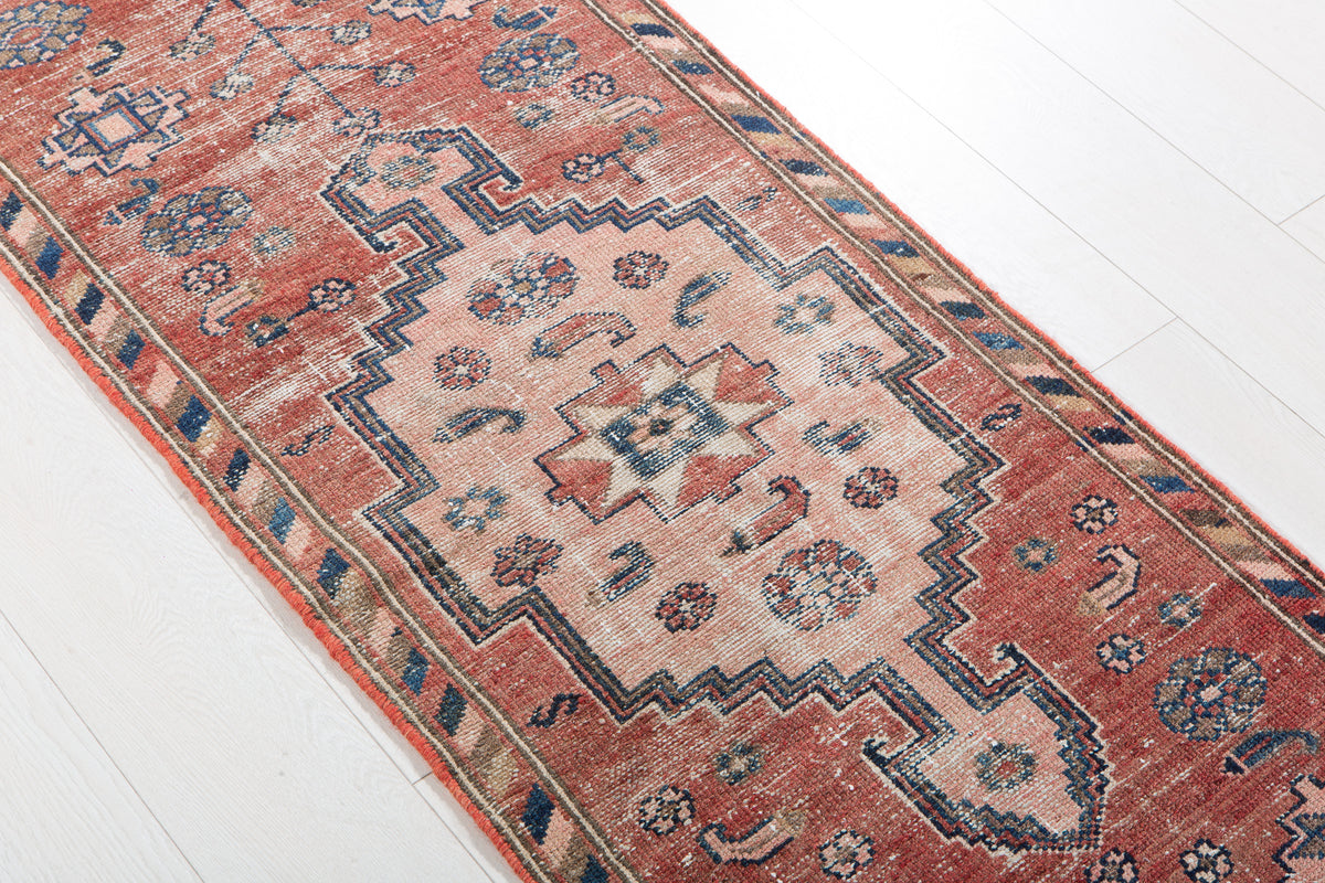 Antique Faded Red & Pink Geometric Runner Rug – 6' 1" x 2' 0" (185 x 61 cm)