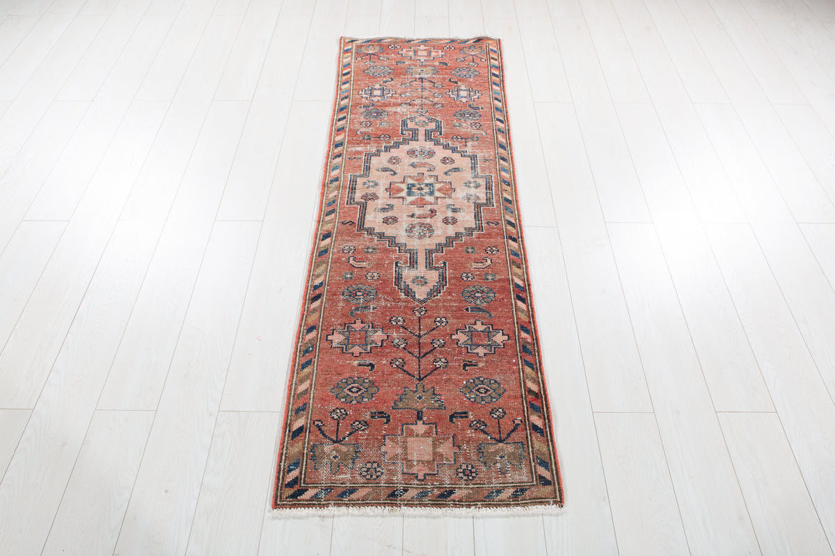 Antique Faded Red & Pink Geometric Runner Rug – 6' 1" x 2' 0" (185 x 61 cm)