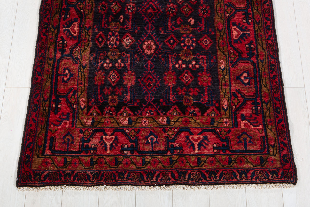 Antique Deep Navy Blue & Red Geometric Runner Rug – 9' 11" x 3' 7" (303 x 108 cm)