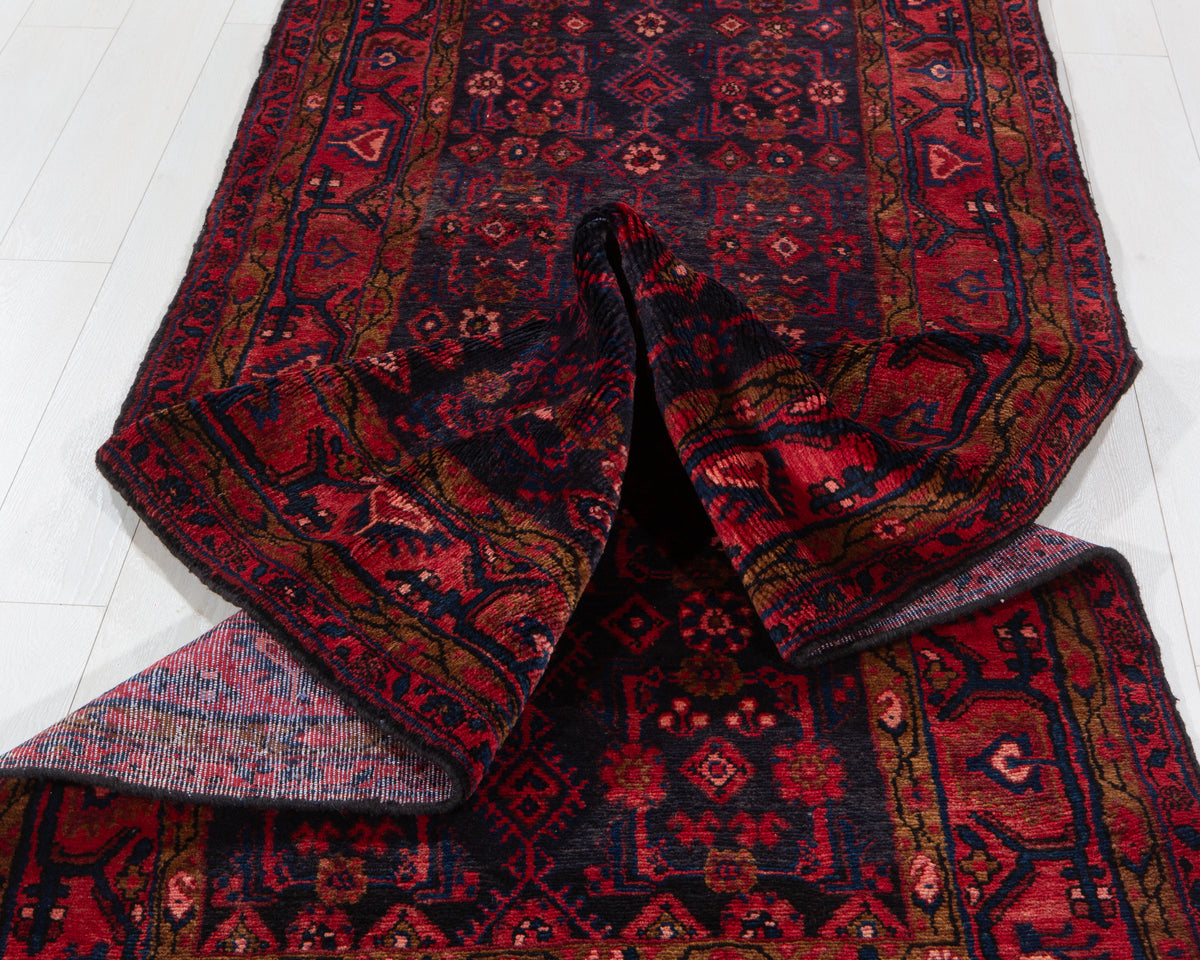 Antique Deep Navy Blue & Red Geometric Runner Rug – 9' 11" x 3' 7" (303 x 108 cm)
