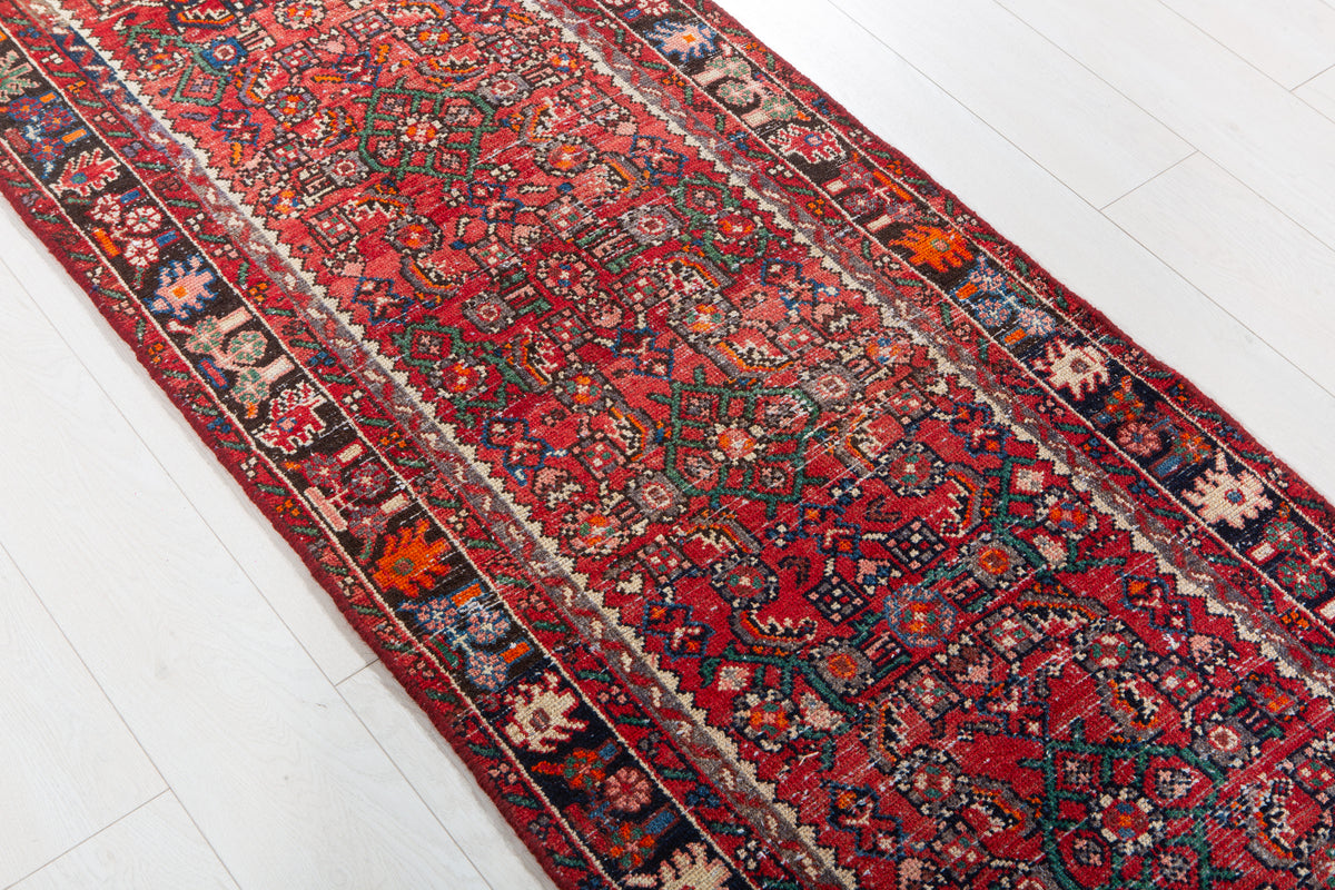 Antique Red Geometric Runner Rug – 12' 10" x 2' 5" (392 x 73 cm)