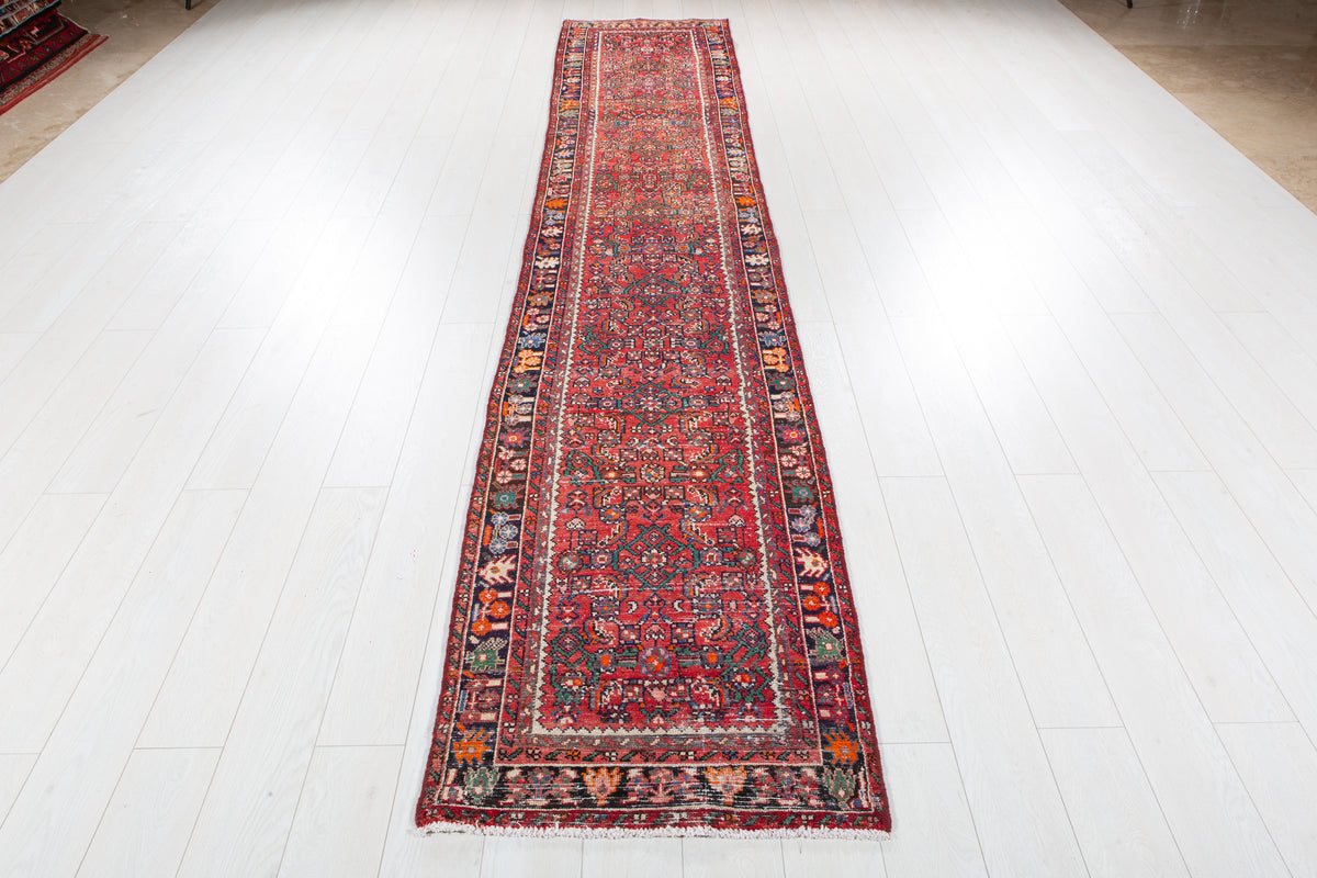 Antique Red Geometric Runner Rug – 12' 10" x 2' 5" (392 x 73 cm)