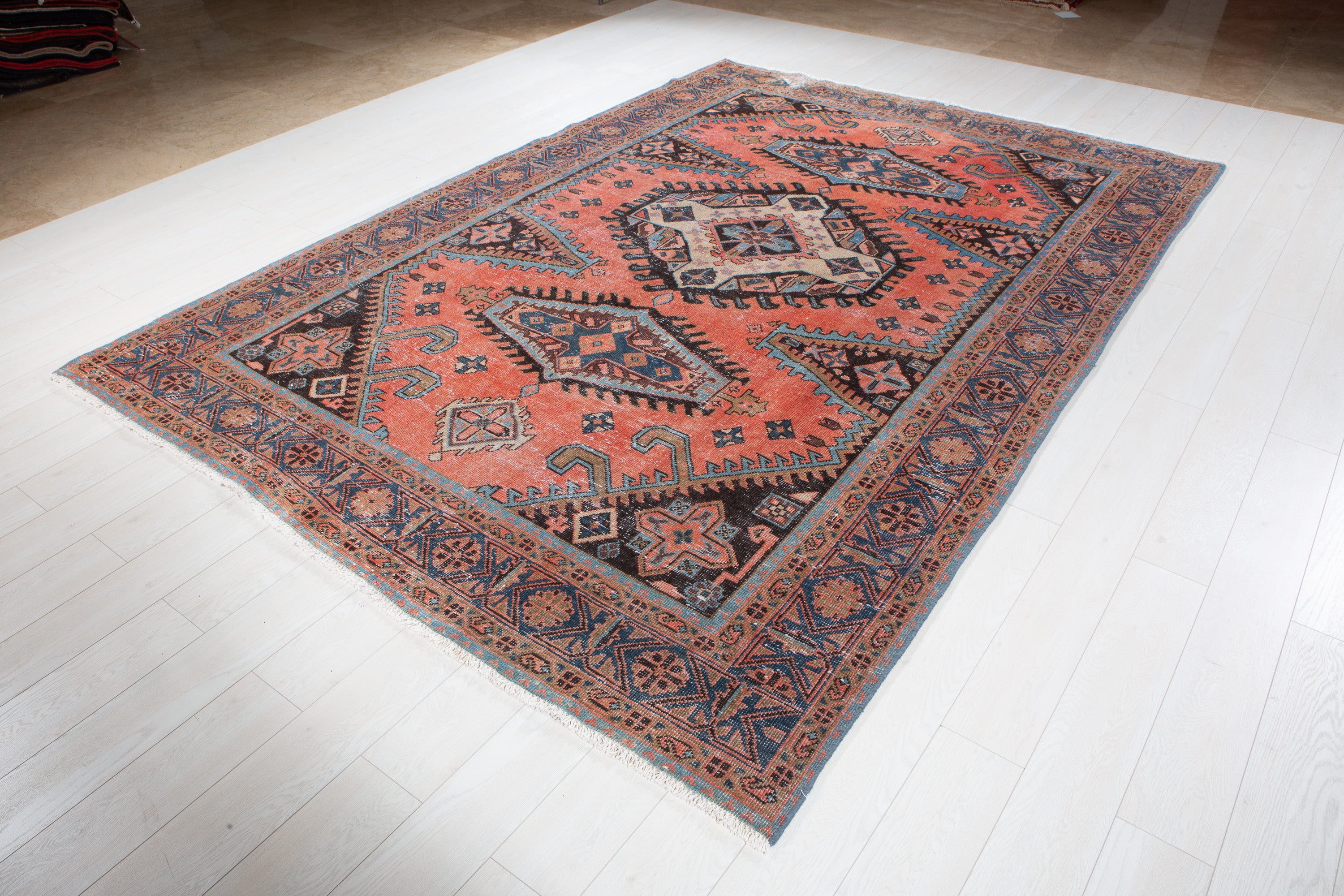 Collectible Vintage Orange-Red Geometric Rug – 10' 6" x 7' 1" (320 x 216 cm)