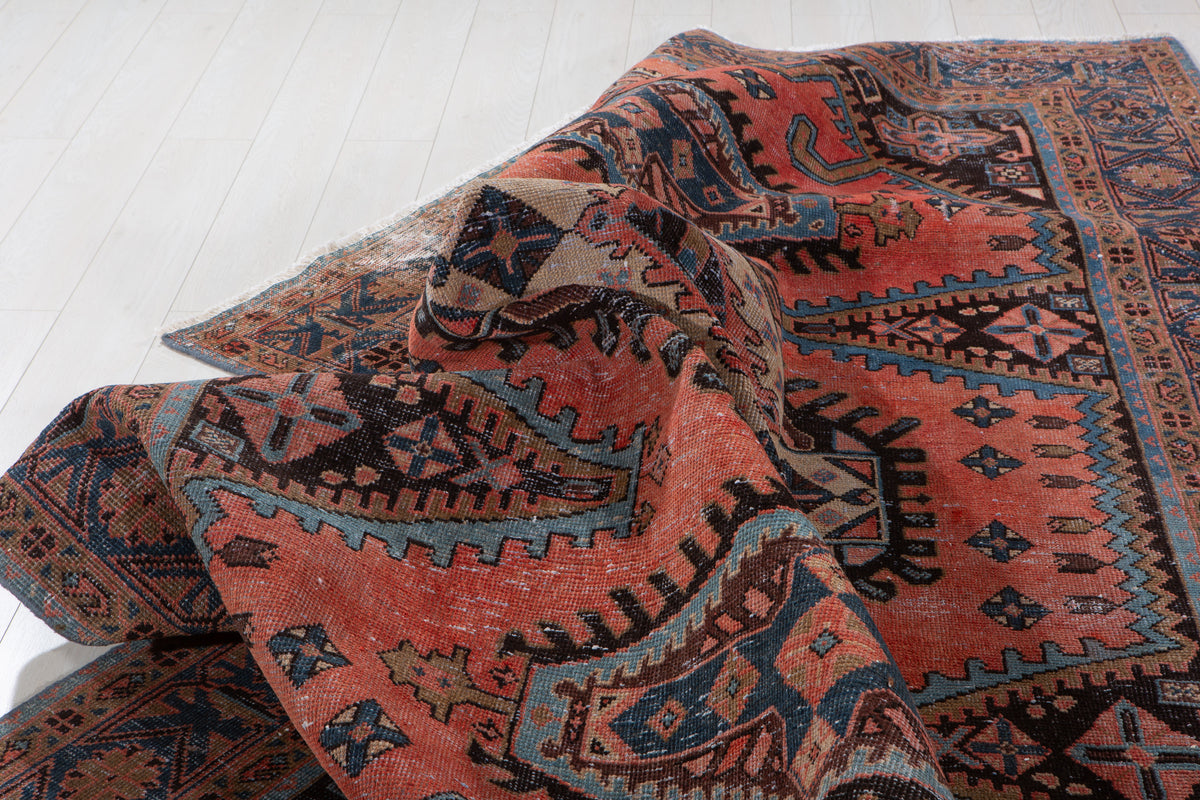 Collectible Vintage Orange-Red Geometric Rug – 10' 6" x 7' 1" (320 x 216 cm)