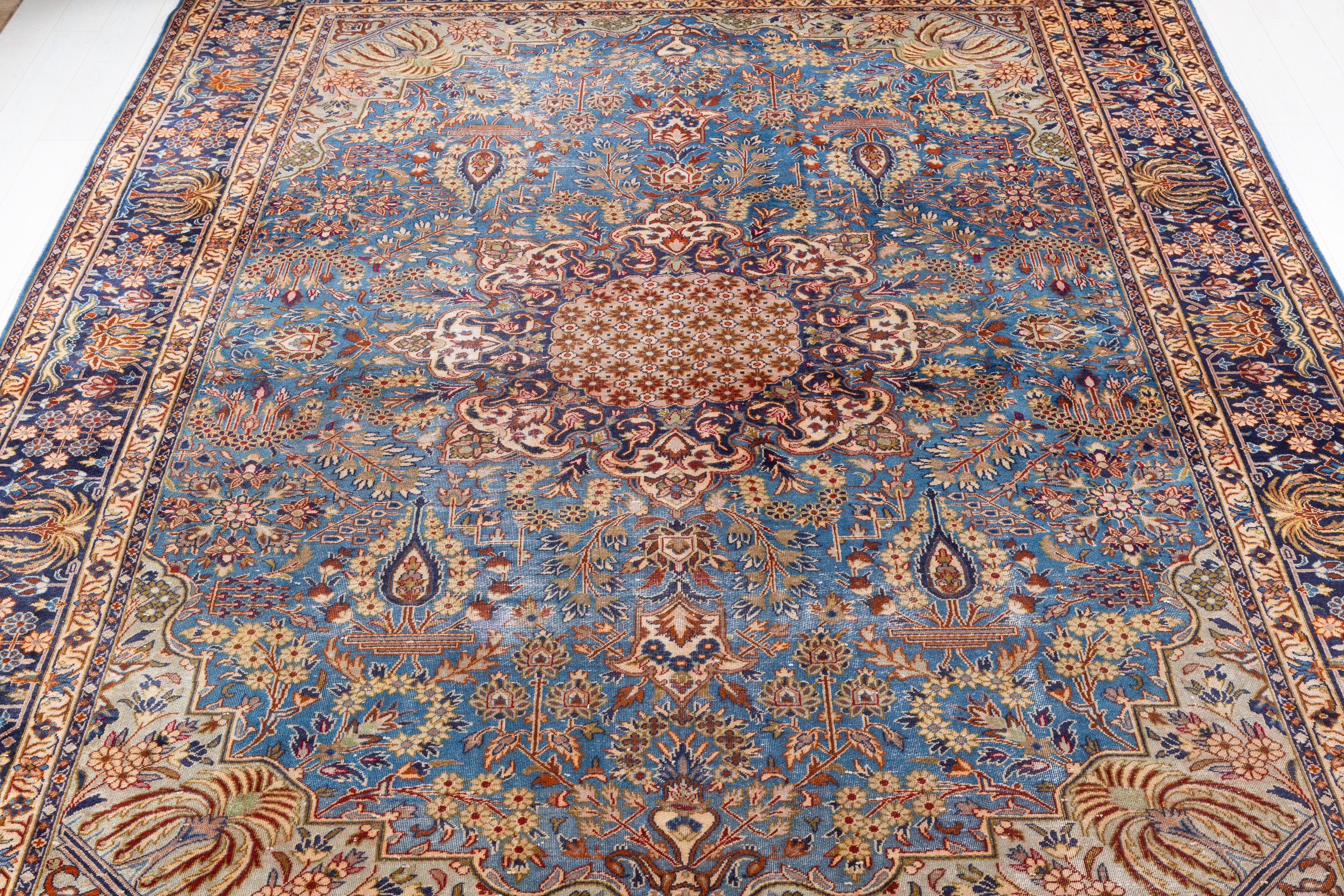Collectible Vintage Turquoise Blue and Navy Blue Floral Rug – 12' 9" x 9' 10" (388 x 300 cm)