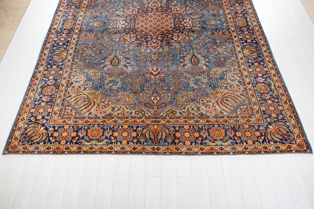 Collectible Vintage Turquoise Blue and Navy Blue Floral Rug – 12' 9" x 9' 10" (388 x 300 cm)
