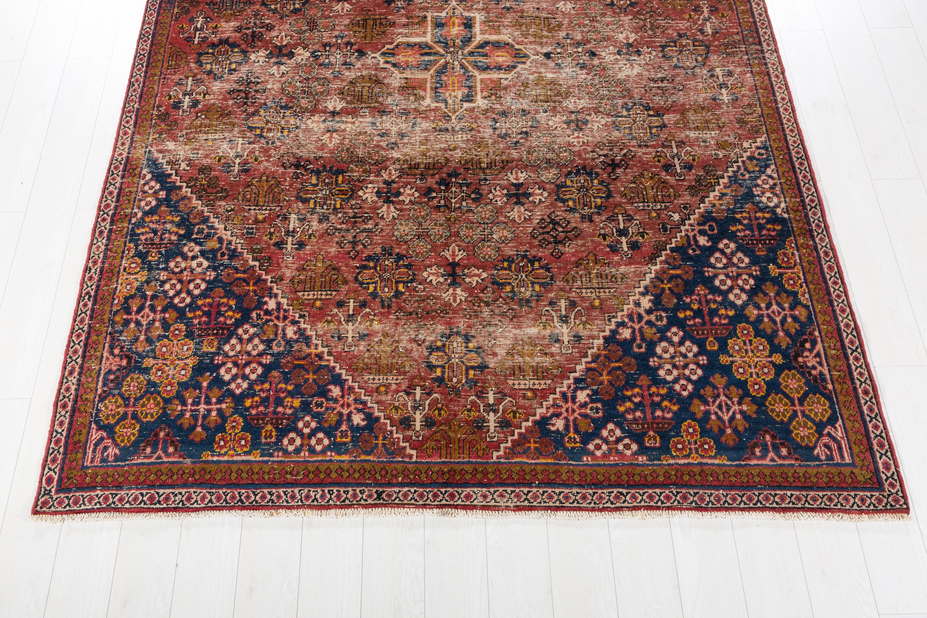 Vintage Faded rust red and navy blue Geometric Rug – 9' 9" x 6' 9" (297 x 207 cm)