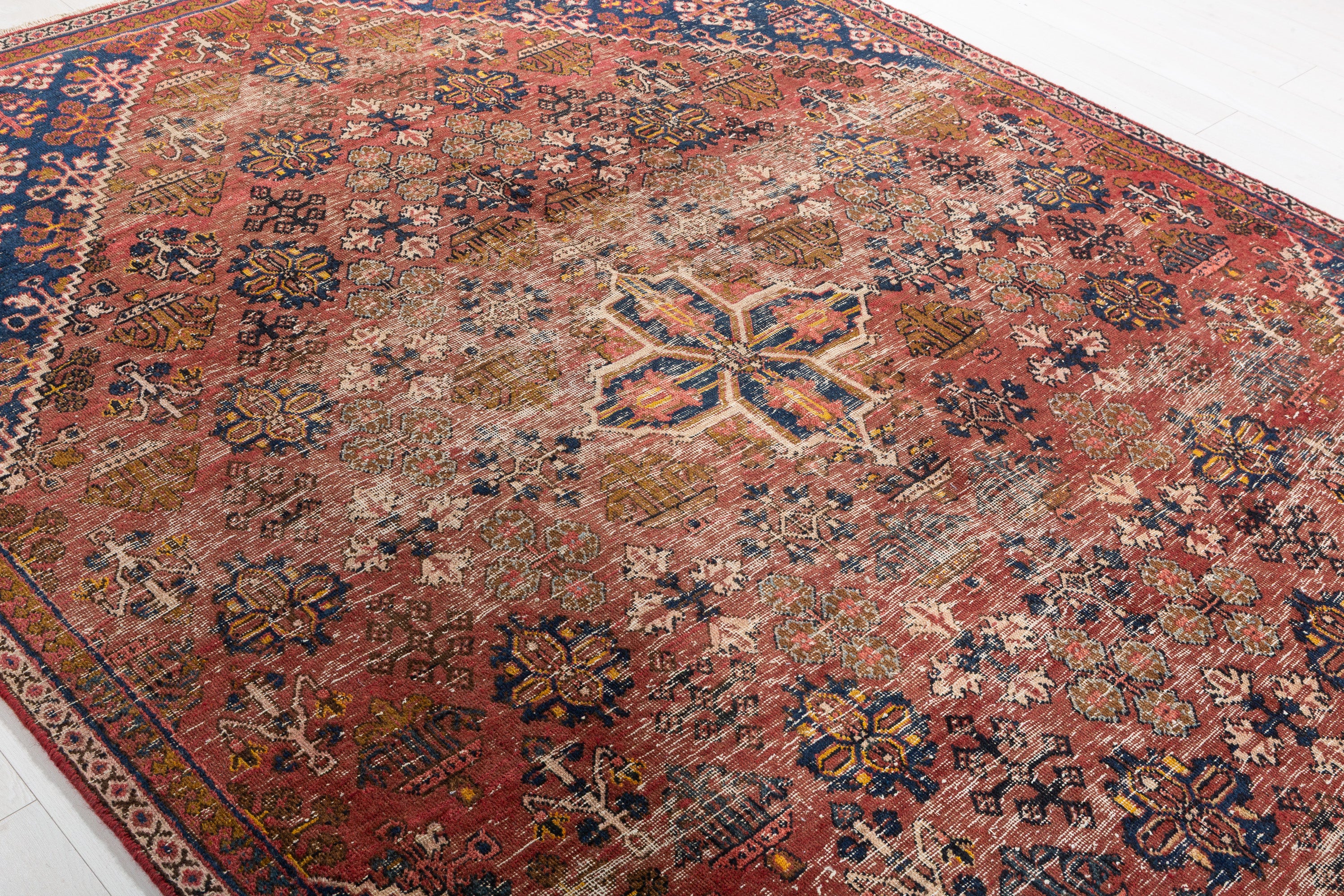 Vintage Faded rust red and navy blue Geometric Rug – 9' 9" x 6' 9" (297 x 207 cm)