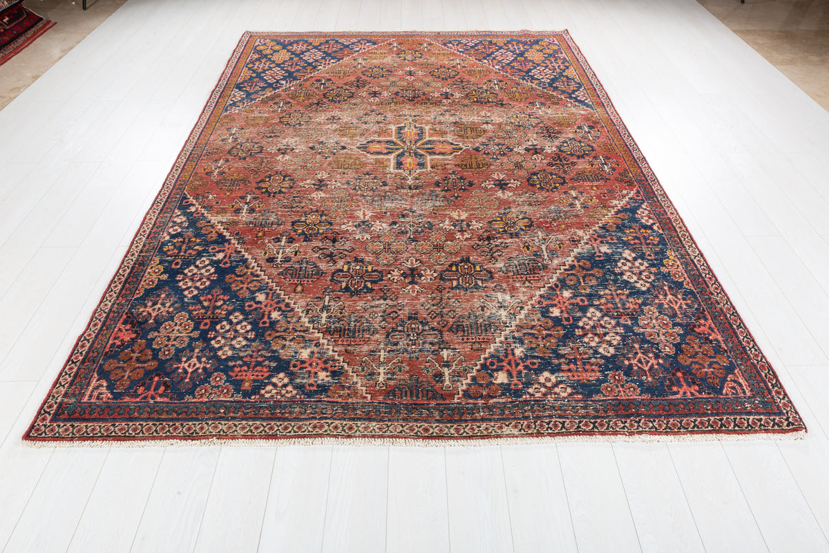 Vintage Faded rust red and navy blue Geometric Rug – 9' 9" x 6' 9" (297 x 207 cm)