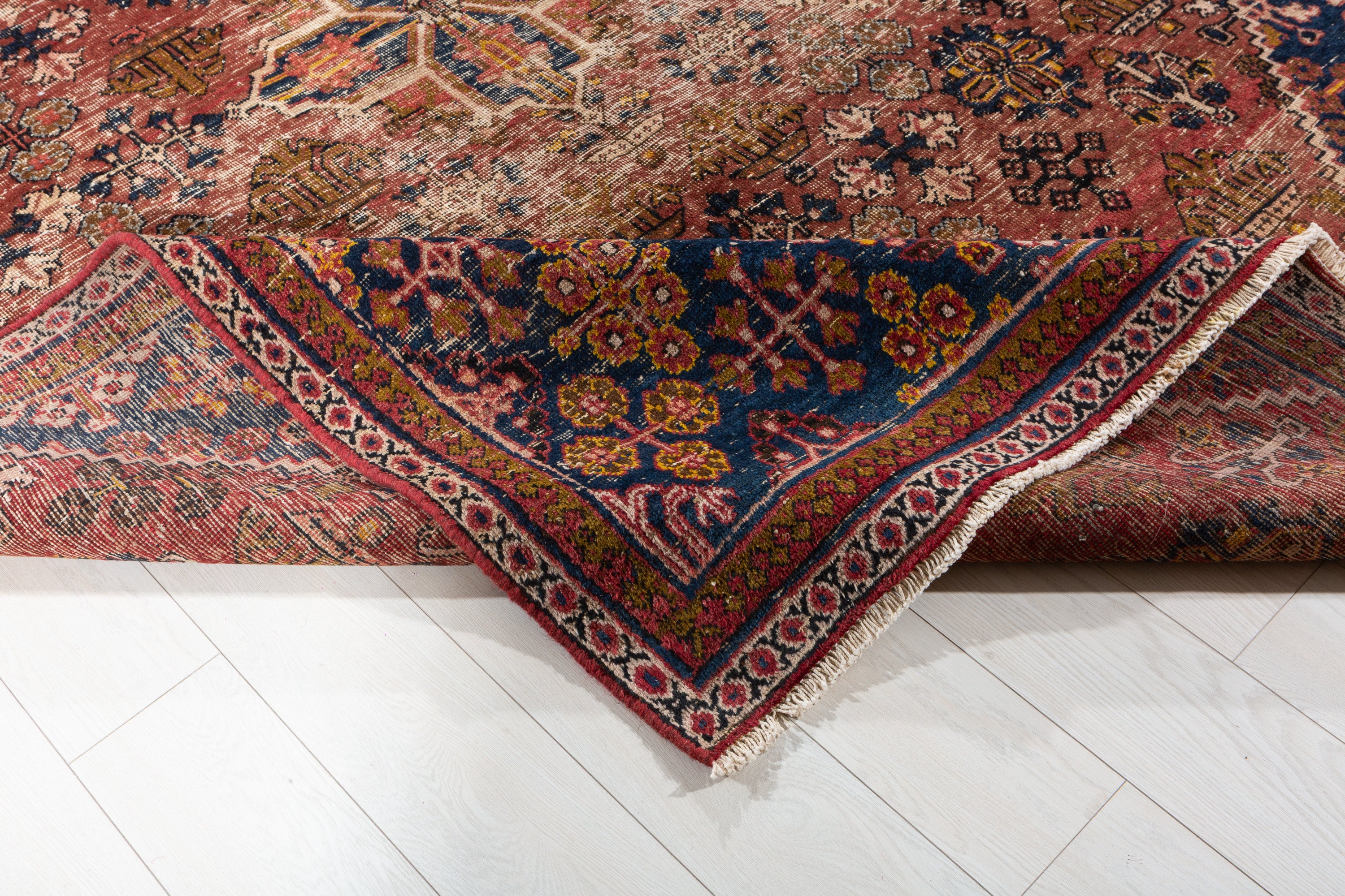 Vintage Faded rust red and navy blue Geometric Rug – 9' 9" x 6' 9" (297 x 207 cm)