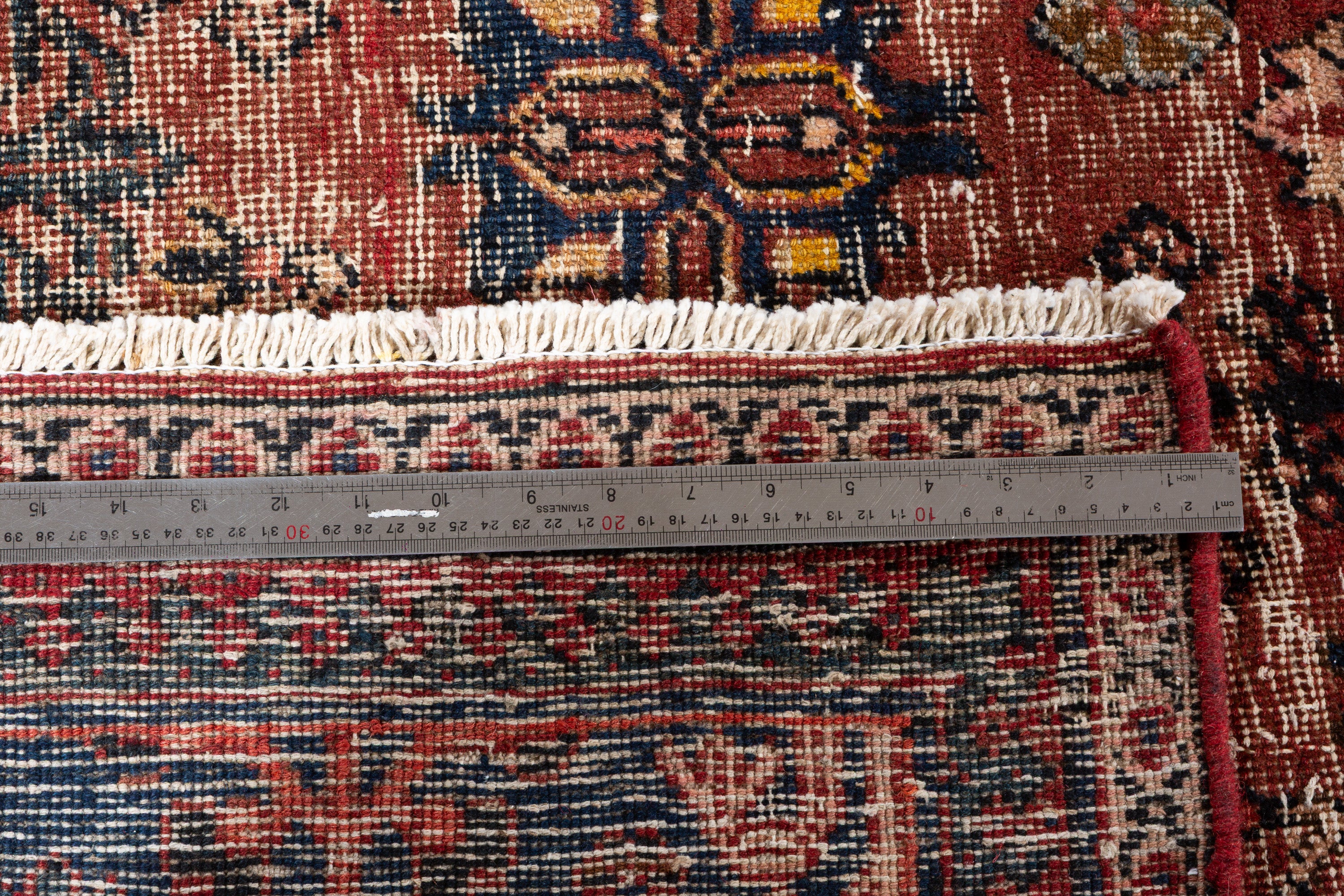 Vintage Faded rust red and navy blue Geometric Rug – 9' 9" x 6' 9" (297 x 207 cm)