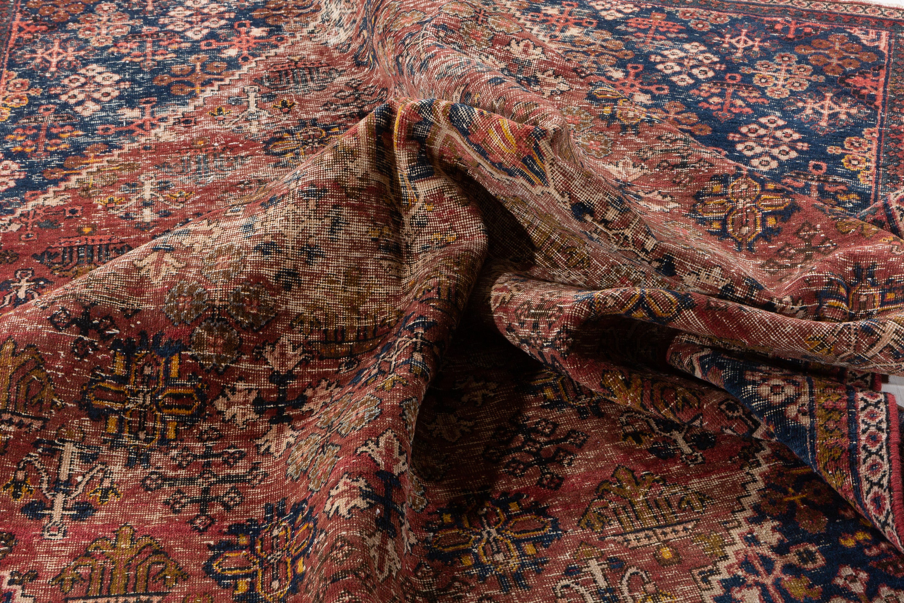 Vintage Faded rust red and navy blue Geometric Rug – 9' 9" x 6' 9" (297 x 207 cm)