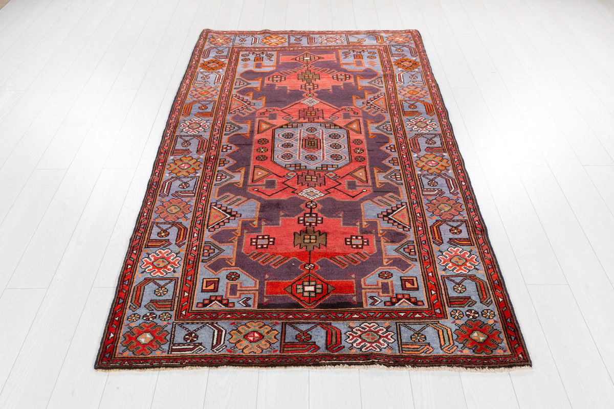 Collectible Vintage Red and blue Geometric Rug – 7' 0" x 4' 4" (213 x 132 cm)