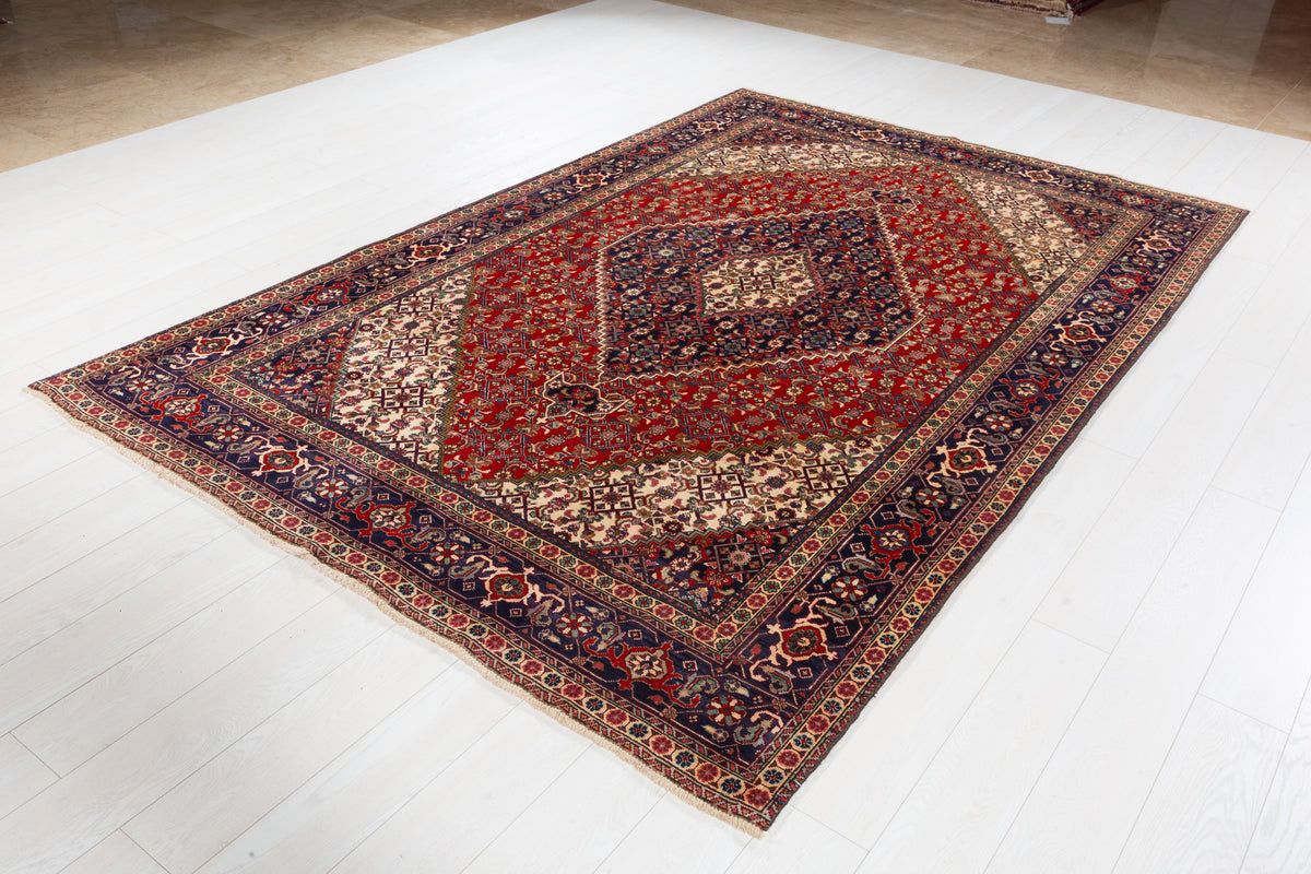 Vintage Brick red and navy blue Geometric Rug – 9' 4" x 6' 3" (284 x 190 cm)