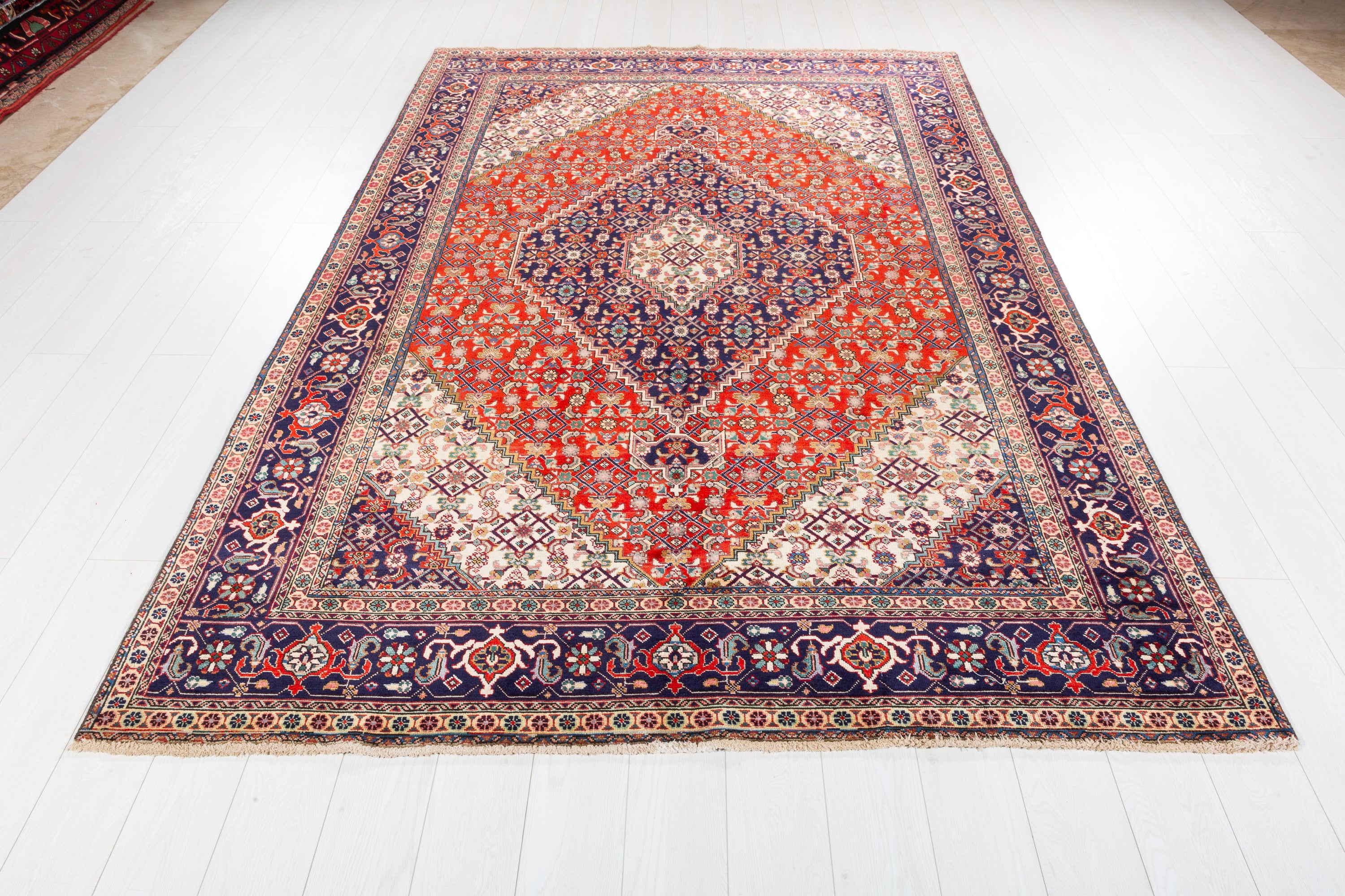 Vintage Brick red and navy blue Geometric Rug – 9' 4" x 6' 3" (284 x 190 cm)