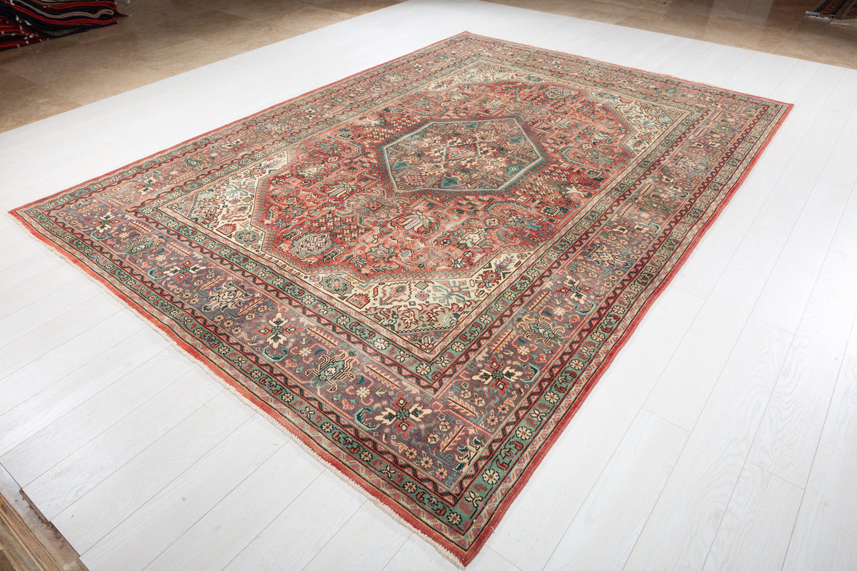 Collectible Vintage Red and navy Geometric Rug – 11' 0" x 7' 11" (335 x 241 cm)