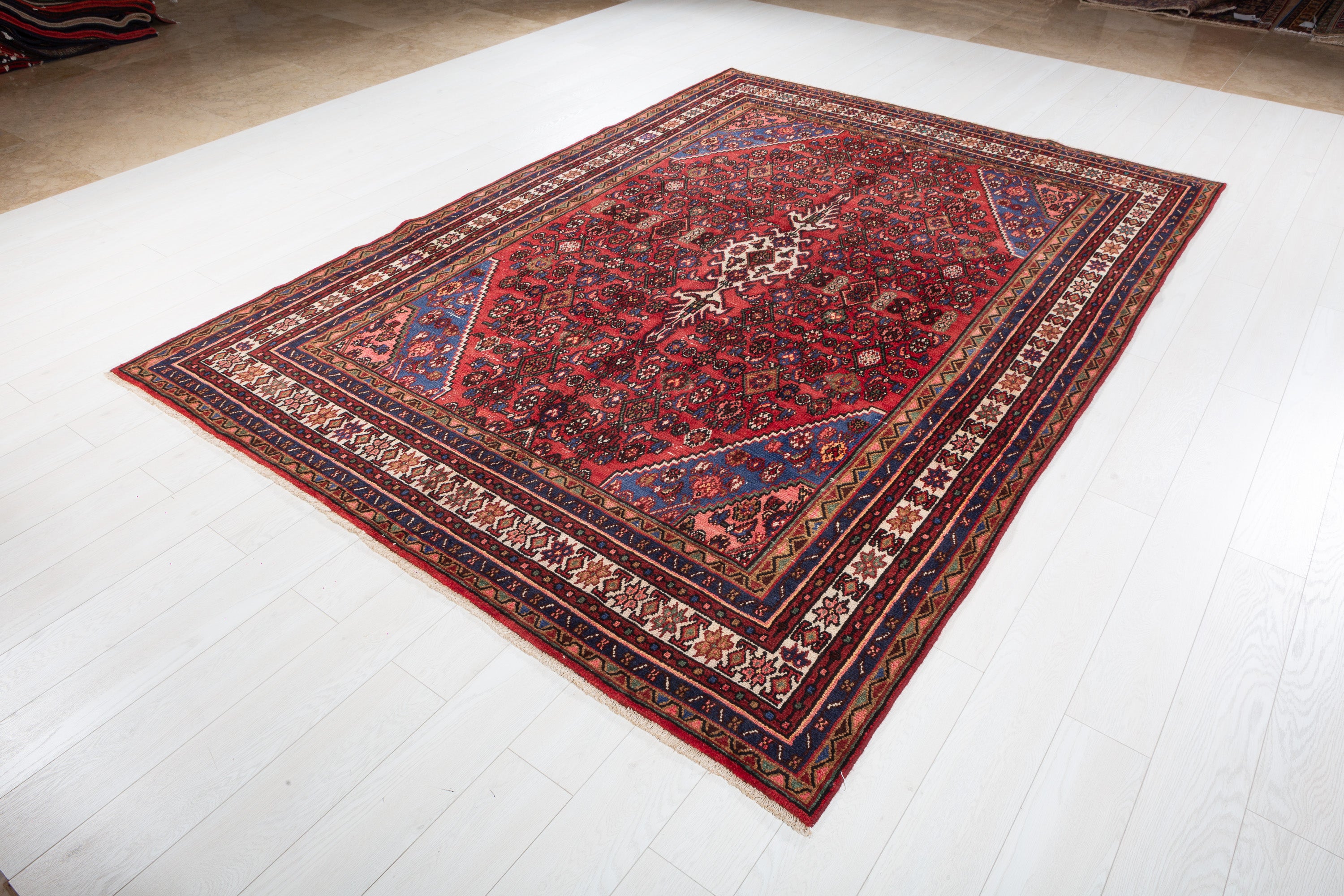 Vintage Red and navy Geometric Rug – 9' 9" x 6' 10" (297 x 209 cm)