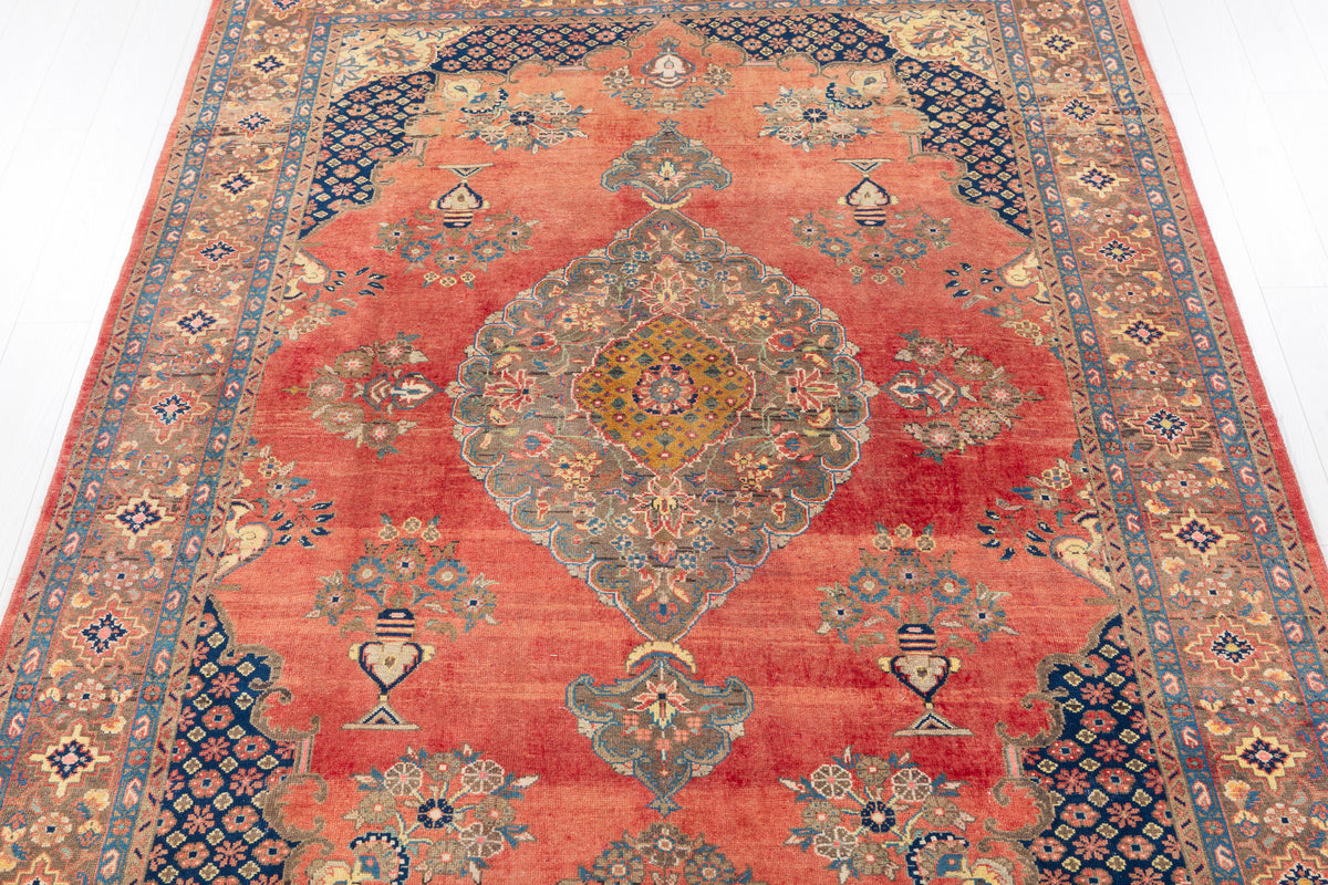 Collectible Vintage Faded red and beige Floral Rug – 9' 10" x 6' 10" (300 x 209 cm)