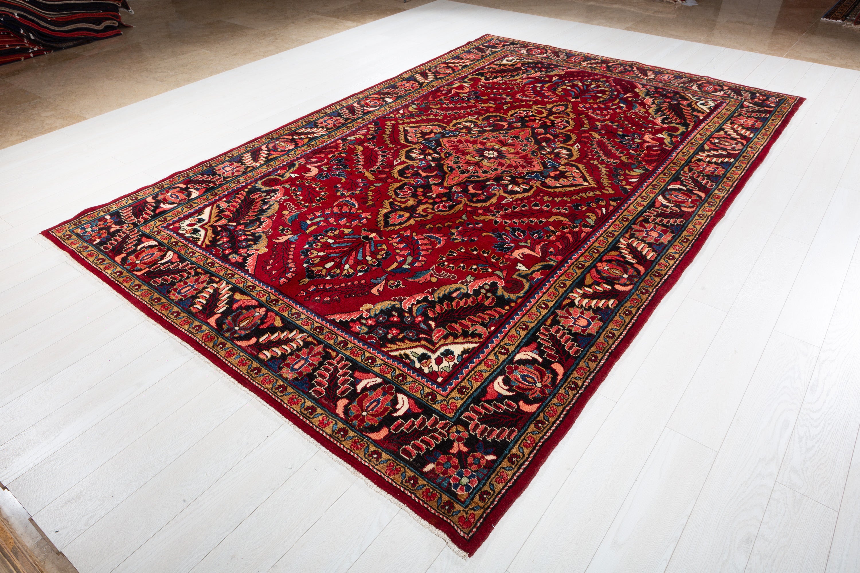 Collectible Vintage Red and navy Floral Rug – 11' 6" x 7' 5" (351 x 225 cm)