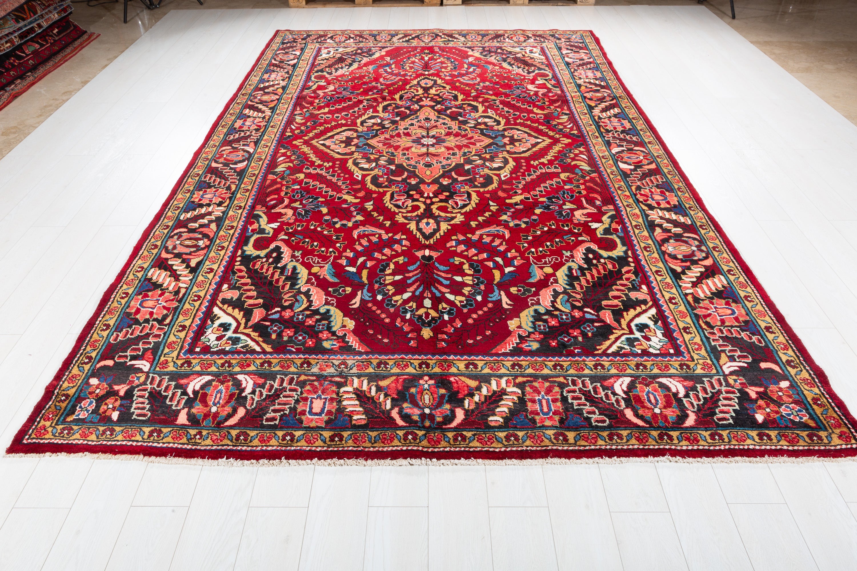 Collectible Vintage Red and navy Floral Rug – 11' 6" x 7' 5" (351 x 225 cm)
