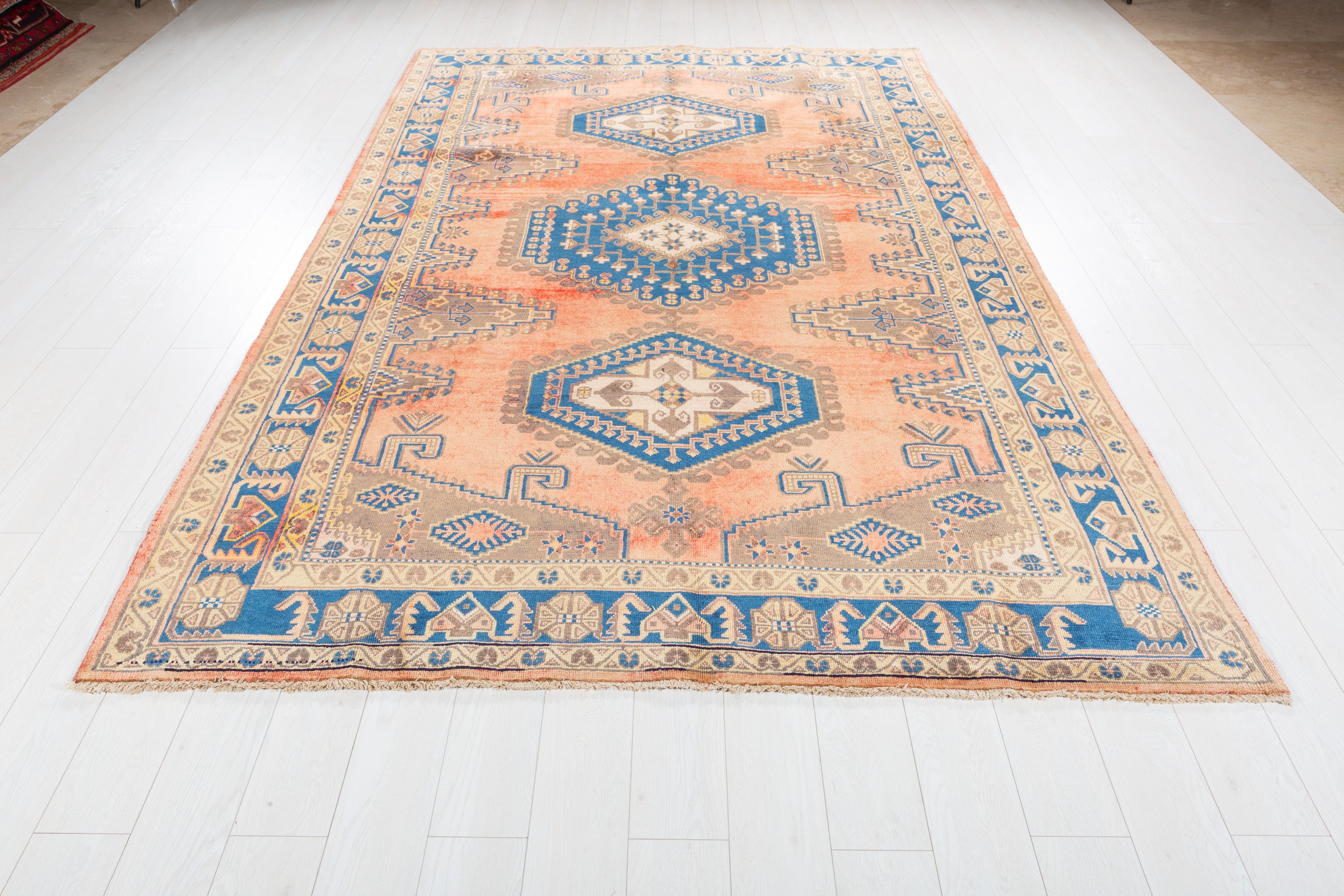 Collectible Vintage Faded orange-red and navy Geometric Rug – 9' 11" x 6' 7" (302 x 200 cm)